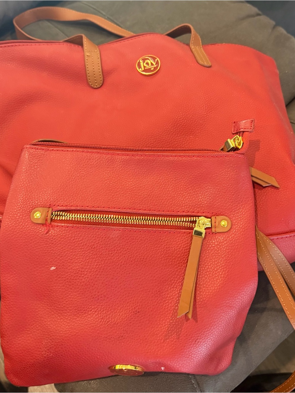 Joy Mangano Red Tote and Matching Crossbody with Tan Accents